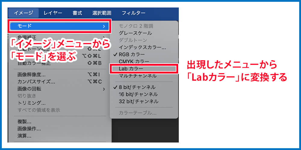 ①「イメージ」メニューから「モード」を選ぶ