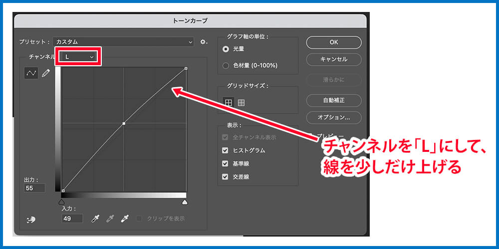 ④チャンネル「L」にして、線を少しだけ上げる