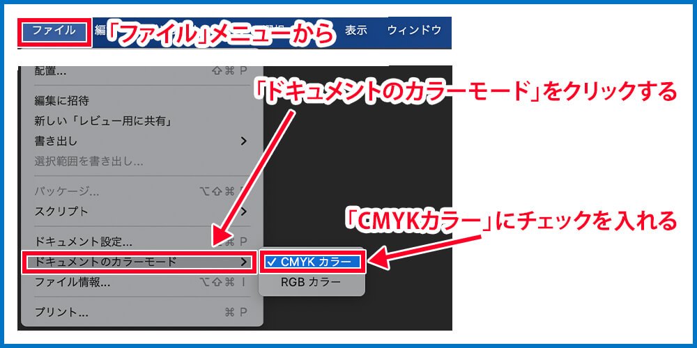 ①「ファイル」メニューから「ドキュメントのカラーモード」をクリックする
②「CMYKカラー」にチェックを入れる