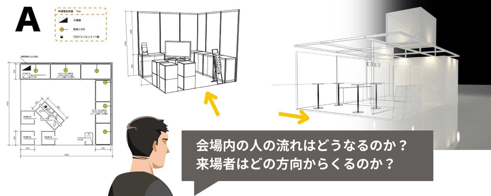 会場内のブース位置や形状にこだわる