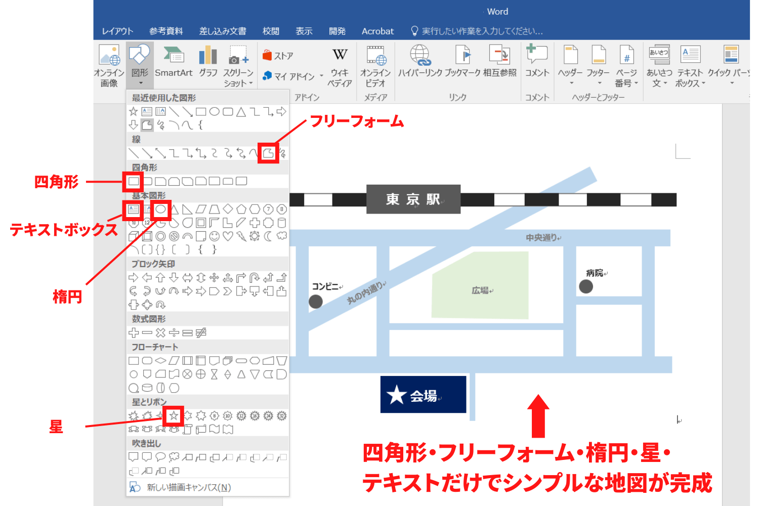 手順2：描画キャンバス内へカーソルをあてて、「図形」をクリック。四角形やフリーフォームなどを使って作成していく