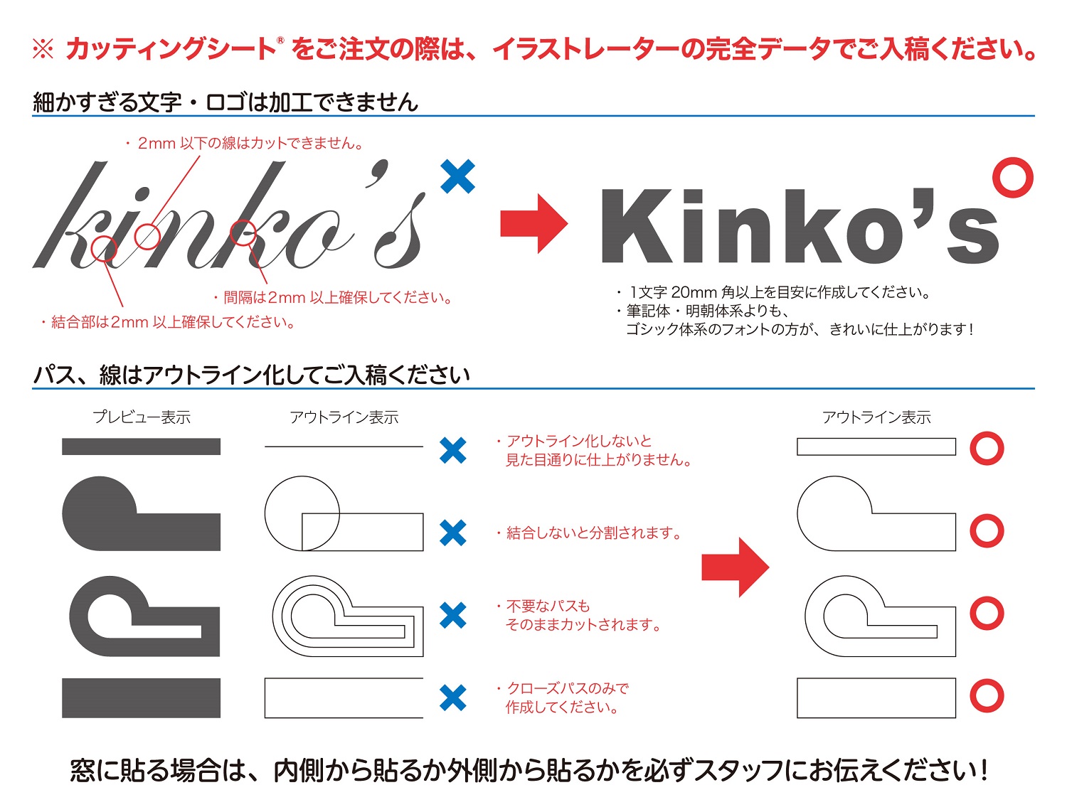 データ作成のポイント
①細かすぎる文字・ロゴは加工できません
②パス、線はアウトライン化してご入稿ください