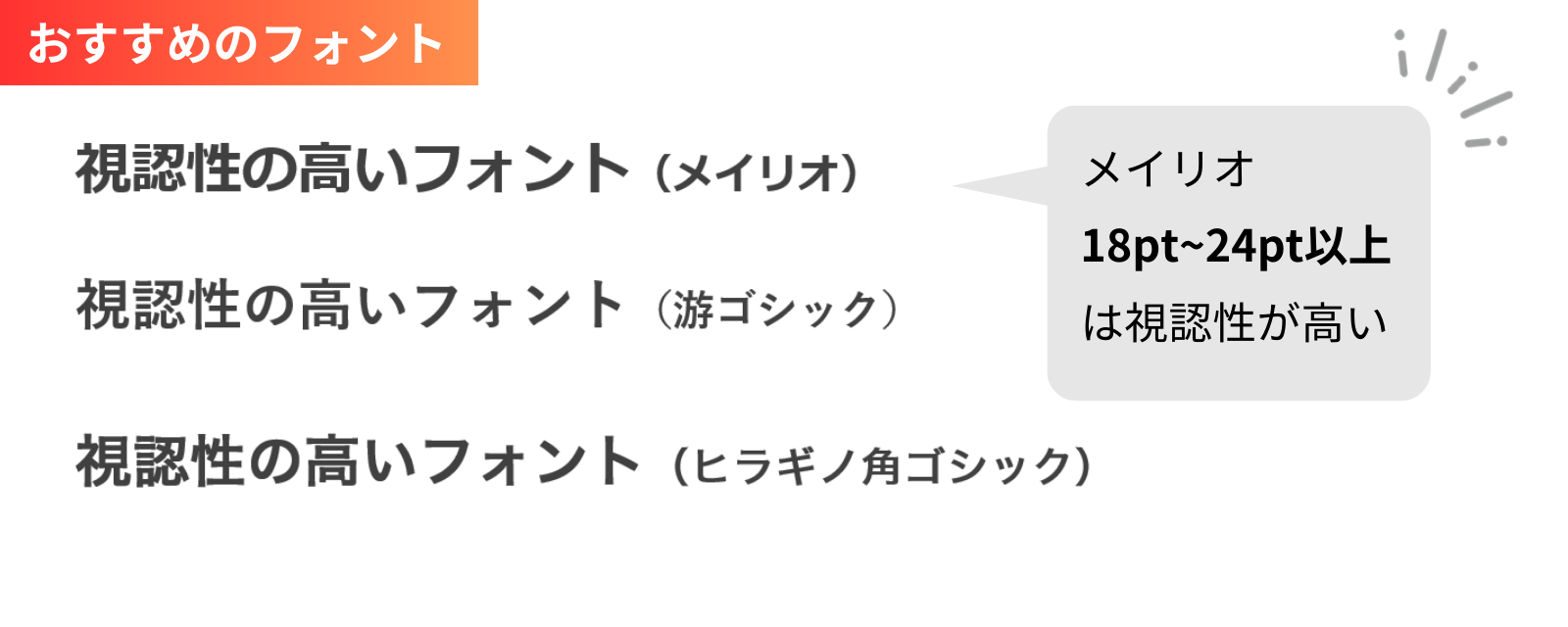 「メイリオ(Windows)」や「游ゴシック(Windows)」「ヒラギノ角ゴ(Mac)」などの使用がおすすめ